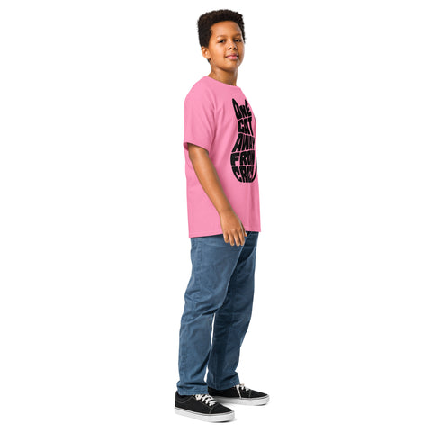 Youth model wearing a Azalea One Cat Away youth classic tee, showing the black cat-shaped One Cat Away From Crazy print on the front.