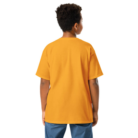 Youth model wearing a Gold One Cat Away youth classic tee, showing the plain back.