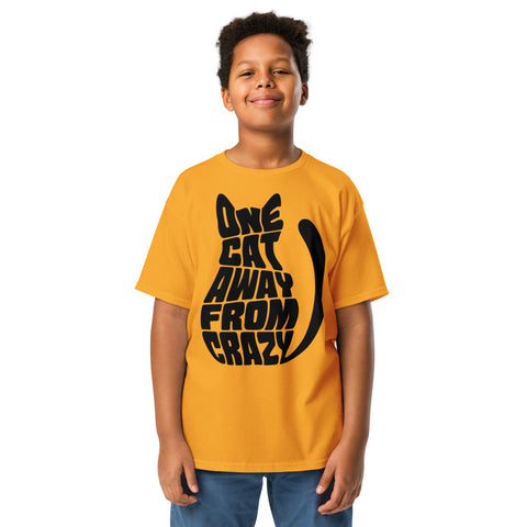 Youth model wearing a Gold One Cat Away youth classic tee, showing the black cat-shaped One Cat Away From Crazy print on the front.