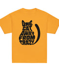 Product view of a Gold One Cat Away youth classic tee, showing the black cat-shaped One Cat Away From Crazy print on the front.