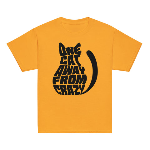 Product view of a Gold One Cat Away youth classic tee, showing the black cat-shaped One Cat Away From Crazy print on the front.