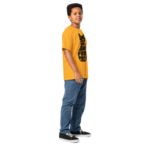 Youth model wearing a Gold One Cat Away youth classic tee, showing the black cat-shaped One Cat Away From Crazy print on the front.