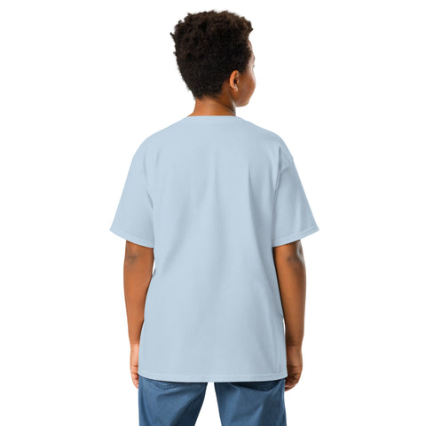 Youth model wearing a Light Blue One Cat Away youth classic tee, showing the plain back.