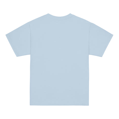 Product view of a Light Blue One Cat Away youth classic tee, showing the plain back.
