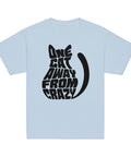 Product view of a Light Blue One Cat Away youth classic tee, showing the black cat-shaped One Cat Away From Crazy print on the front.