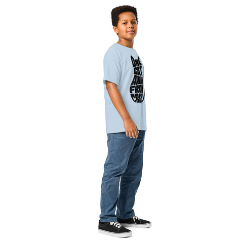 Youth model wearing a Light Blue One Cat Away youth classic tee, showing the black cat-shaped One Cat Away From Crazy print on the front.