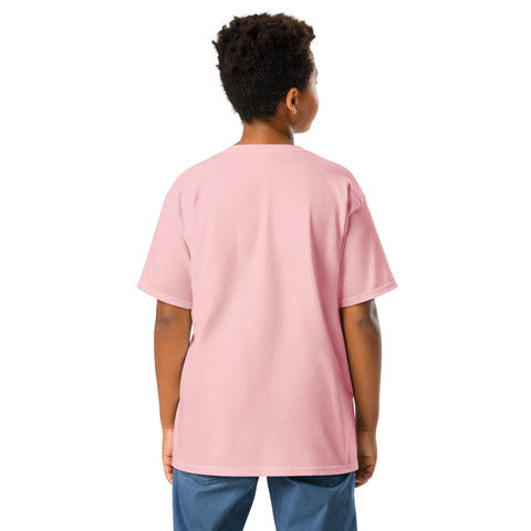 Youth model wearing a Light Pink One Cat Away youth classic tee, showing the plain back.