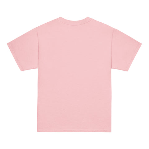 Product view of a Light Pink One Cat Away youth classic tee, showing the plain back.