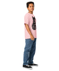 Youth model wearing a Light Pink One Cat Away youth classic tee, showing the black cat-shaped One Cat Away From Crazy print on the front.