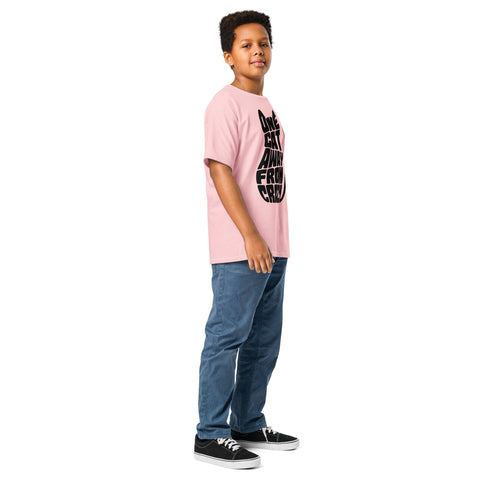 Youth model wearing a Light Pink One Cat Away youth classic tee, showing the black cat-shaped One Cat Away From Crazy print on the front.