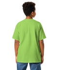 Youth model wearing a Lime One Cat Away youth classic tee, showing the plain back.