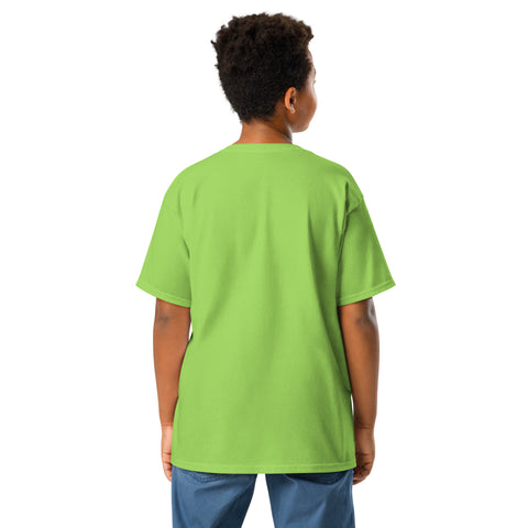 Youth model wearing a Lime One Cat Away youth classic tee, showing the plain back.