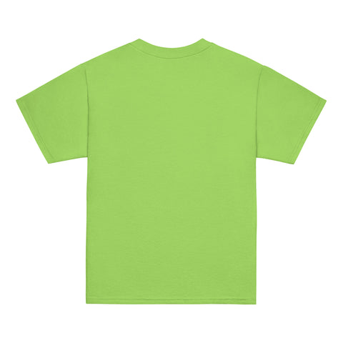Product view of a Lime One Cat Away youth classic tee, showing the plain back.