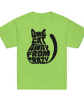 Product view of a Lime One Cat Away youth classic tee, showing the black cat-shaped One Cat Away From Crazy print on the front.