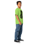 Youth model wearing a Lime One Cat Away youth classic tee, showing the black cat-shaped One Cat Away From Crazy print on the front.