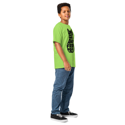 Youth model wearing a Lime One Cat Away youth classic tee, showing the black cat-shaped One Cat Away From Crazy print on the front.