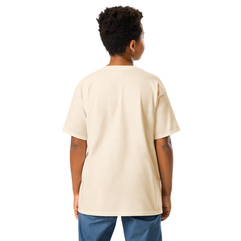 Youth model wearing a Natural One Cat Away youth classic tee, showing the plain back.