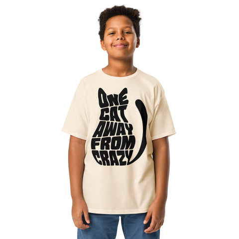 Youth model wearing a Natural One Cat Away youth classic tee, showing the black cat-shaped One Cat Away From Crazy print on the front.