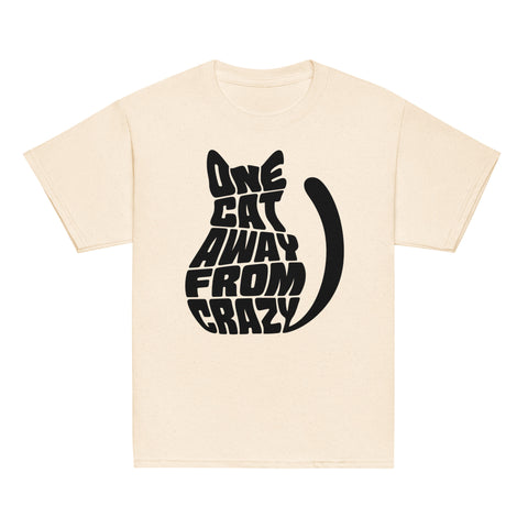 Product view of a Natural One Cat Away youth classic tee, showing the black cat-shaped One Cat Away From Crazy print on the front.