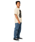 Youth model wearing a Natural One Cat Away youth classic tee, showing the black cat-shaped One Cat Away From Crazy print on the front.