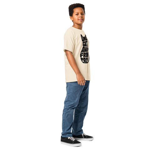 Youth model wearing a Natural One Cat Away youth classic tee, showing the black cat-shaped One Cat Away From Crazy print on the front.