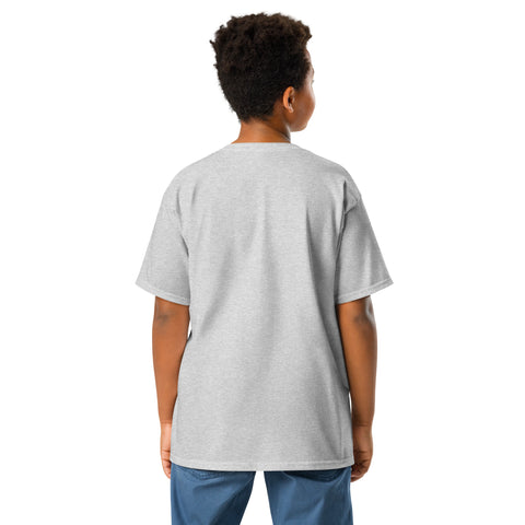 Youth model wearing a Sport Grey One Cat Away youth classic tee, showing the plain back.