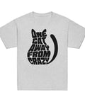 Product view of a Sport Grey One Cat Away youth classic tee, showing the black cat-shaped One Cat Away From Crazy print on the front.