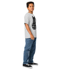 Youth model wearing a Sport Grey One Cat Away youth classic tee, showing the black cat-shaped One Cat Away From Crazy print on the front.