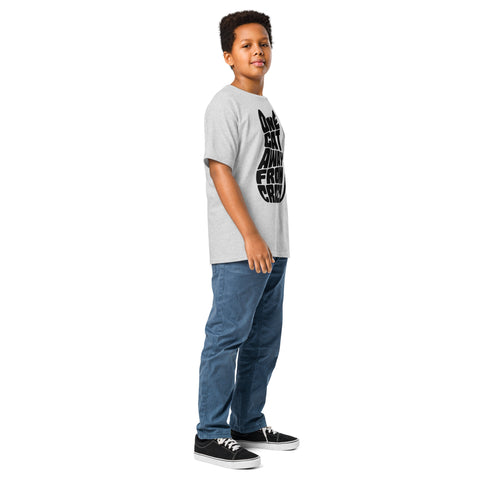Youth model wearing a Sport Grey One Cat Away youth classic tee, showing the black cat-shaped One Cat Away From Crazy print on the front.