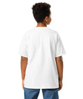 Youth model wearing a White One Cat Away youth classic tee, showing the plain back.
