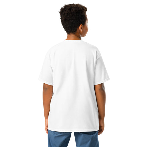 Youth model wearing a White One Cat Away youth classic tee, showing the plain back.