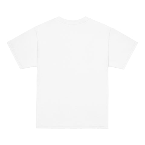 Product view of a White One Cat Away youth classic tee, showing the plain back.