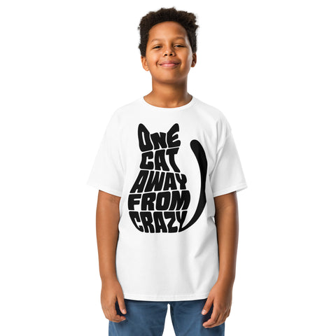 Youth model wearing a White One Cat Away youth classic tee, showing the black cat-shaped One Cat Away From Crazy print on the front.