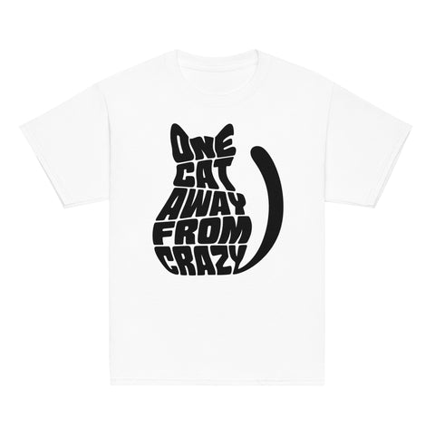 Product view of a White One Cat Away youth classic tee, showing the black cat-shaped One Cat Away From Crazy print on the front.