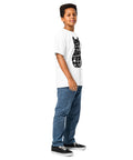 Youth model wearing a White One Cat Away youth classic tee, showing the black cat-shaped One Cat Away From Crazy print on the front.