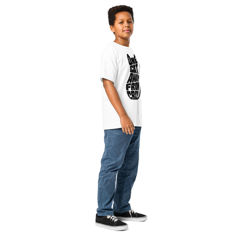 Youth model wearing a White One Cat Away youth classic tee, showing the black cat-shaped One Cat Away From Crazy print on the front.