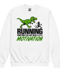 Dinosaur Motivation white youth crewneck sweatshirt with large green T-rex chasing a runner and bold lettering – view 1