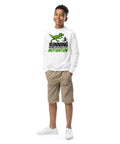 Dinosaur Motivation white youth crewneck sweatshirt with large green T-rex chasing a runner and bold lettering – view 2
