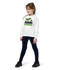 Dinosaur Motivation white youth crewneck sweatshirt with large green T-rex chasing a runner and bold lettering – view 3