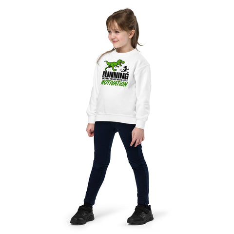 Dinosaur Motivation white youth crewneck sweatshirt with large green T-rex chasing a runner and bold lettering – view 3
