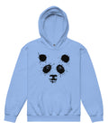 Carolina Blue youth hoodie with the original black ink-splatter panda face printed on the front.