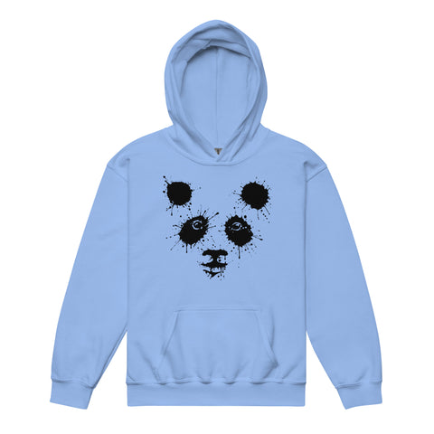 Carolina Blue youth hoodie with the original black ink-splatter panda face printed on the front.