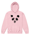 Light Pink youth hoodie with the original black ink-splatter panda face printed on the front.