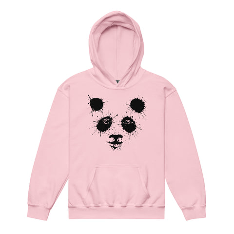 Light Pink youth hoodie with the original black ink-splatter panda face printed on the front.