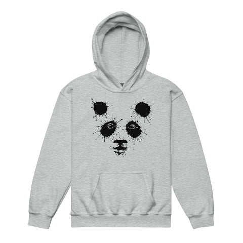 Sport Grey youth hoodie with the original black ink-splatter panda face printed on the front.