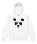 White youth hoodie with the original black ink-splatter panda face printed on the front.