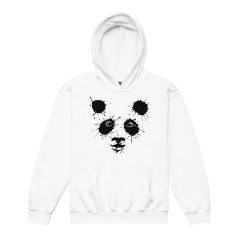 White youth hoodie with the original black ink-splatter panda face printed on the front.