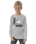 Rabbit or Crow youth long sleeve tee in Athletic Heather with Lithuanian animal illusion graphic – view 5