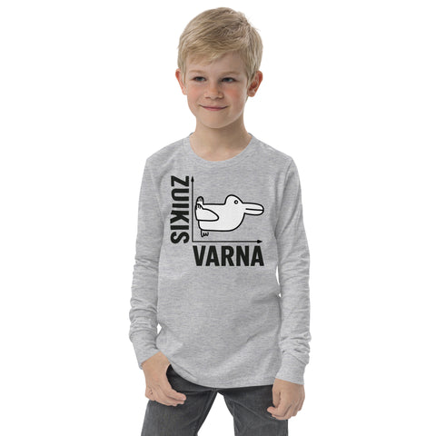 Rabbit or Crow youth long sleeve tee in Athletic Heather with Lithuanian animal illusion graphic – view 5