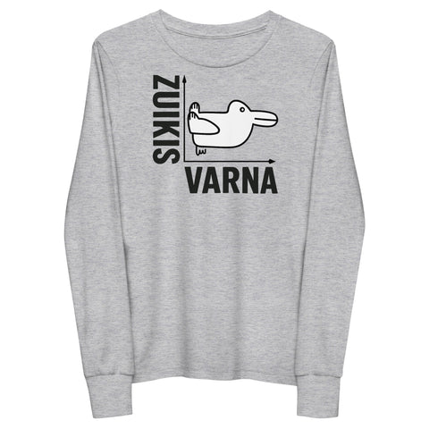 Rabbit or Crow youth long sleeve tee in Athletic Heather with Lithuanian animal illusion graphic – view 3